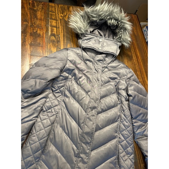 Duck Down Feather Puffer Coat Gray Faux Fur Hooded Winter Kenneth Cole Medium - Picture 1 of 16